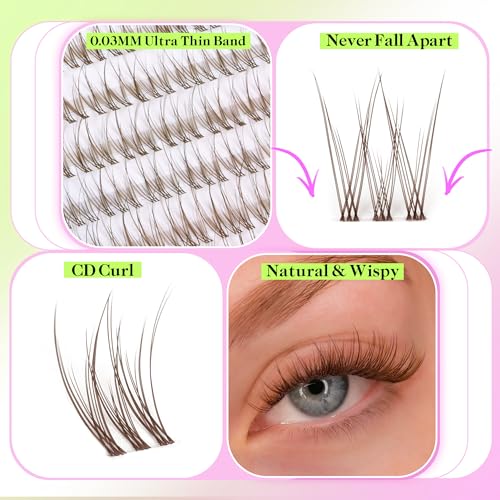 Brown Lash Clusters Natural Clusters Lashes Wispy Eyelash Clusters 10-12MM Individual Lashes C Curl Lash Extension DIY Eyelash Extension Clusters for Beginners