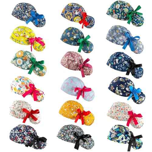 Scrub Caps Women Bouffant Scrub Hats Caps Nurses, Adjustable Working Cap Ponytail Pouch Tie Back Hats