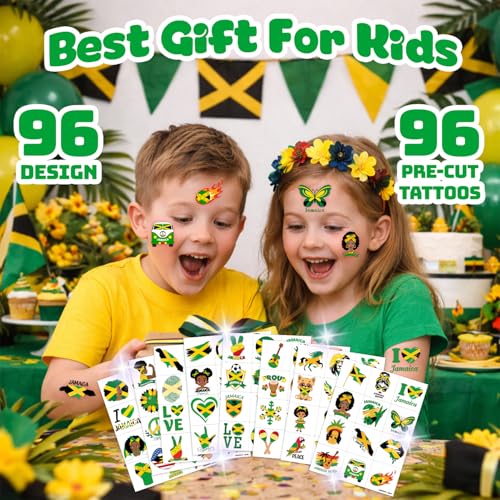 96 PCS Jamaica Temporary Tattoos for Kids Party Favors