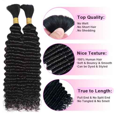 Human Braiding Hair for Boho Braids 22 Inch Curly Deep Wave Bulk Human Hair for Braiding 100% Human Hair for Braiding Hair Wet and Wavy Boho Knotless Braids Hair No Weft 2 Bundles/Pack