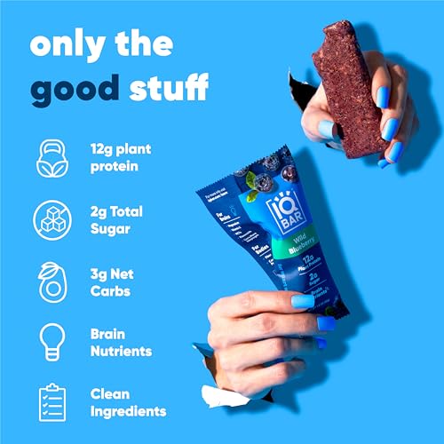 IQBAR Brain and Body Plant Protein Bars - Wild Blueberry - 12 Count, Low Carb, High Fiber, Gluten Free, Healthy Vegan Snacks - Low Sugar Keto Bar Pack