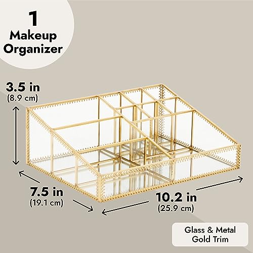Glamlily Glass Makeup Organizer with Gold Trim for Vanity, Cosmetic Storage (10.2 x 7.5 x 3.5 In) - Makeup Storage