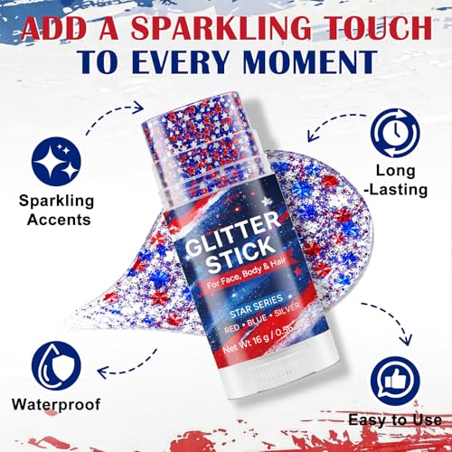 Patriotic Glitter Stick - Red White Blue Face Hair Makeup