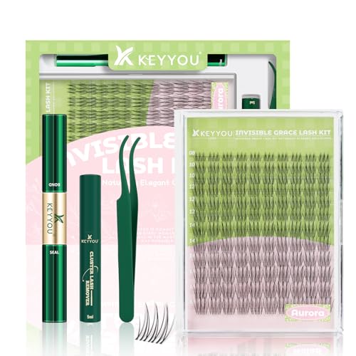 KEYYOU Aurora Lash Clusters Kit Fairy Lash Extension Kit C Curl 120Pcs Eyelash Extension Kit Wispy Natural Invisible Band Lash Kit with Waterproof DIY Lash Extension Kit at Home(Aurora-C-8-16MIX)