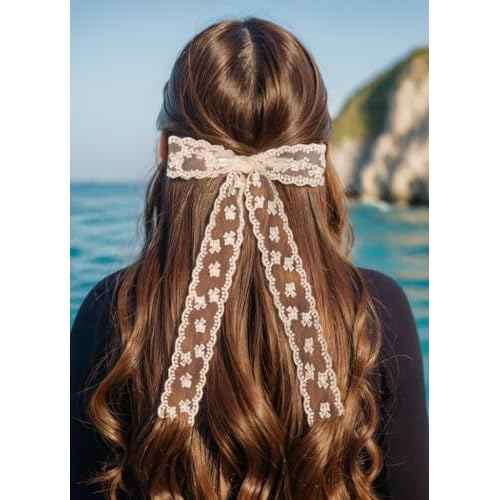 4Pcs Large lace Hair Clips for Women Girls,Lace Tassel Bows Metal Clips with Long Tail Ribbons,Cute Hair Bows Barrette for Hair Accessories(Black,White)