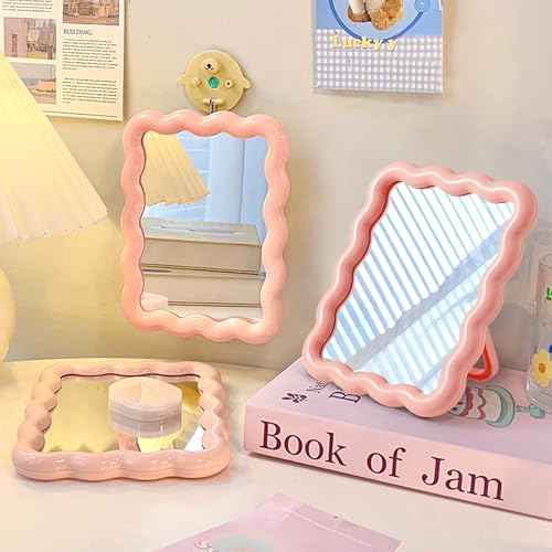 Wave Shaped Table Desk Vanity Makeup Mirror Portable Folding Cute Travel Make Up Mirror for Standing Hanging 6.7X5.3 Inch Home Decoration (Pink)