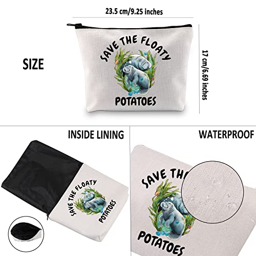 G2TUP Manatee Lover Gift Save The Floaty Potatoes Manatee Makeup Bag Manatee Mom Cosmetic Bag Ocean Animal Lover Gift Sea Cow Travel Bag with Zipper (Save The Floaty Potatoes White Bag 1.0)