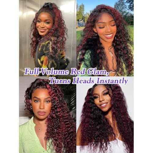Water Wave 1B/Burgundy Red Human Hair Bundles 12 Inch, Wet and Wavy Ombre Burgundy Highlight Skunk Stripe Red Curly Bundles, Balayage Bundles Sew In Weave 12A 100% Brazilian Raw Virgin Hair, Single