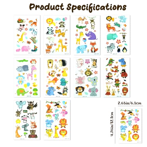 Temporary Tattoos for Kids - 10 Sheets Waterproof Animal Designs