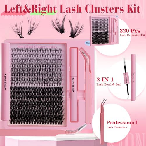 Lash Extension Kit DIY 320pcs Lash Clusters Eyelash Extension Kit, 9-16mm 20D 50D Individual Lashes Kit with Lash Bond and Seal, Lash Tweezers for Self Use (20D&50D, 9-16mm, Kit)