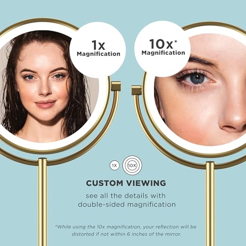 Conair Lighted Makeup Mirror, LED Vanity Mirror, 1X/10X Magnifying Mirror, Double Sided, Battery Operated in Brushed Brass