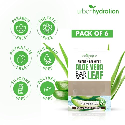 Urban Hydration Aloe Vera Face & Body Bar Soap 6 Pack | Suitable for Daily Use, Silicone, Paraben, Polybead and Sulfate Free, Safe for Oily, Psoriasis and Eczema Prone Skin | 4.2 Ounces