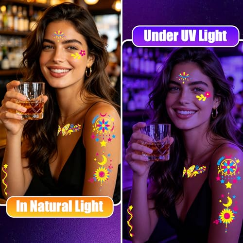 UV Glow in The Dark Temporary Tattoos, 190 PCS Neon Body Stickers