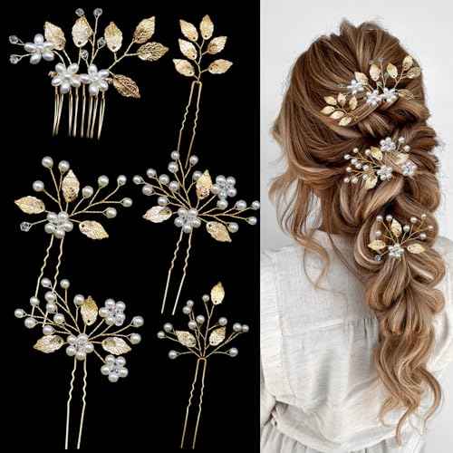 6 Pieces Bridal Wedding Hair Pins Gold Leaf Hair Pins Clips Crystal Pearl Flower Headpiece Vintage Wedding Hair Accessories for Brides Bridesmaids Women Girls