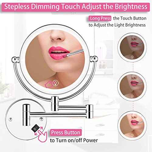 Wall Mounted Lighted Makeup Mirror, 8 Inch Double-Sided 1X 5X Magnifying Mirror for Bathroom, 11'' Extendable Arm, 360¡Æ Swivel, Touch DimmableLED Lights, Powered by Plug in, Chrome