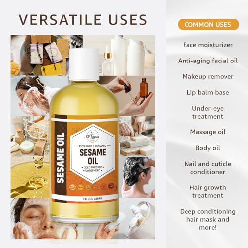 ORGANIC SESAME OIL (8 oz) Premium Cold Pressed Unrefined | 100% Pure Sesame Oil for Skin, Face, Hair, Soap Making | Carrier for Essential Oils | Available in Bulk | 8 FL OZ