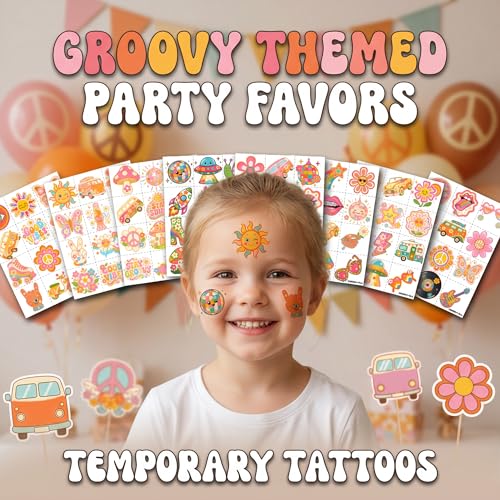 96 Pcs Groovy 70s Temporary Tattoos | Pre-Cut Kids Party Favors