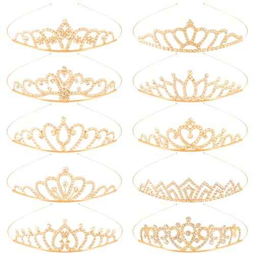 TOBATOBA 10Pcs Gold Tiaras for Women Girls Sparkling Rhinestone Princess Tiara Headband Rapunzel Crowns for Women Tiaras Set Small Tiara Bulk for Birthday Party Wedding School Classroom Costumes Proms