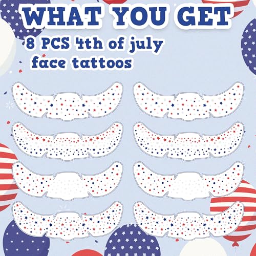 4th of July Temporary Face Tattoos - 8 Pack Red White Blue Stars