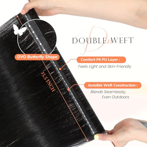Black Hair Extensions OVO Double PU Weft Human Hair Extensions Invisible Flat Weft Extensions, Natural Looking Seamless Human Hair Extensions for Added Volume & Length