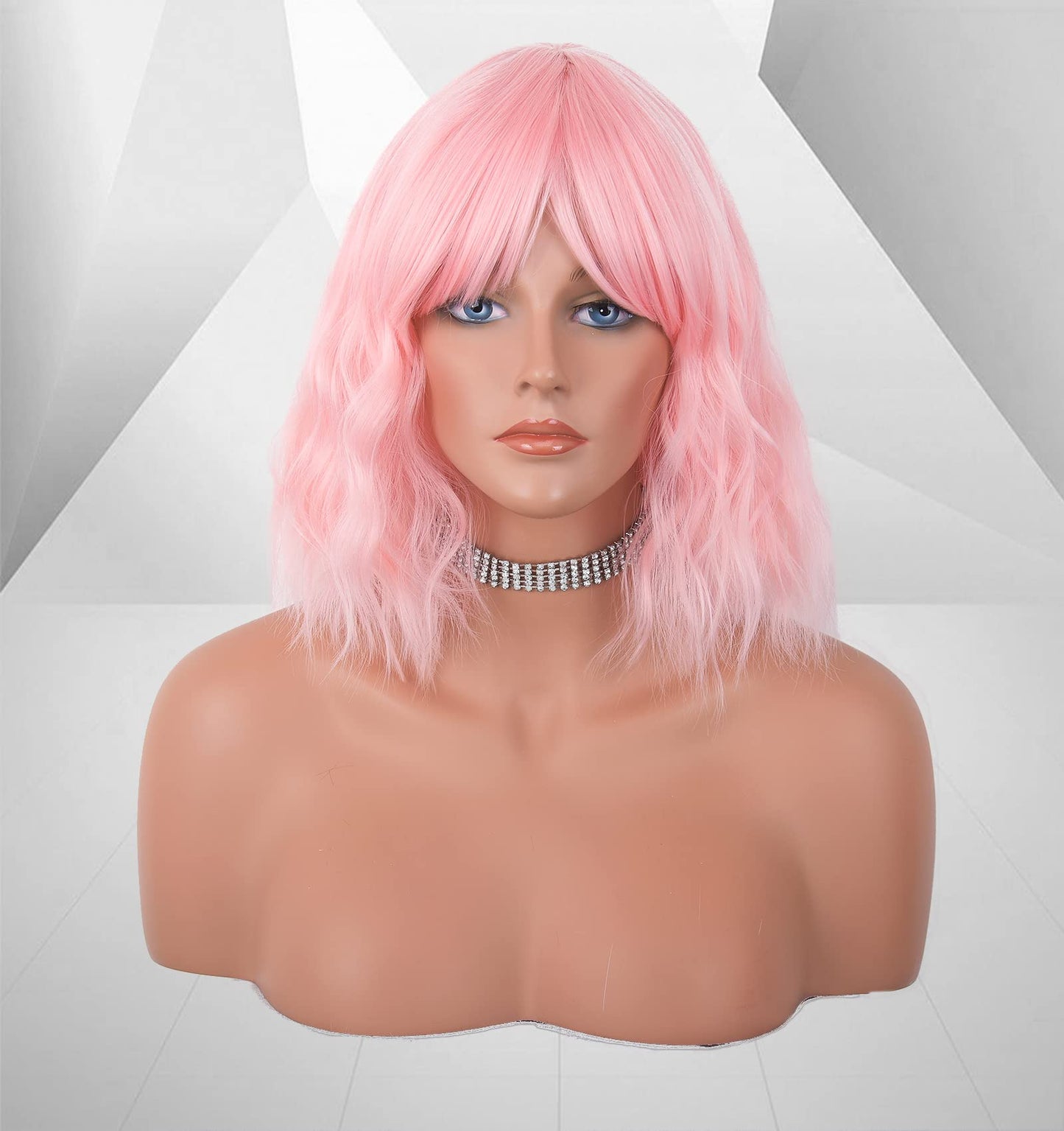 LANOVA Baby Pink Short Wigs with Bangs, Light Pink Cosplay Wigs for Women, Loose Waves Textured, Best Wob Synthetic Hair Wig LANOVA-134-8