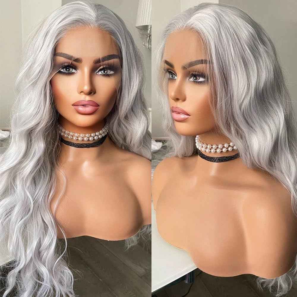 JHXAYW Grey Lace Front Wig Synthetic Pre Plucked Glueless Lace Wigs Synthetic Ready To Wear Wig Long Natural Curly Wig for Black Women