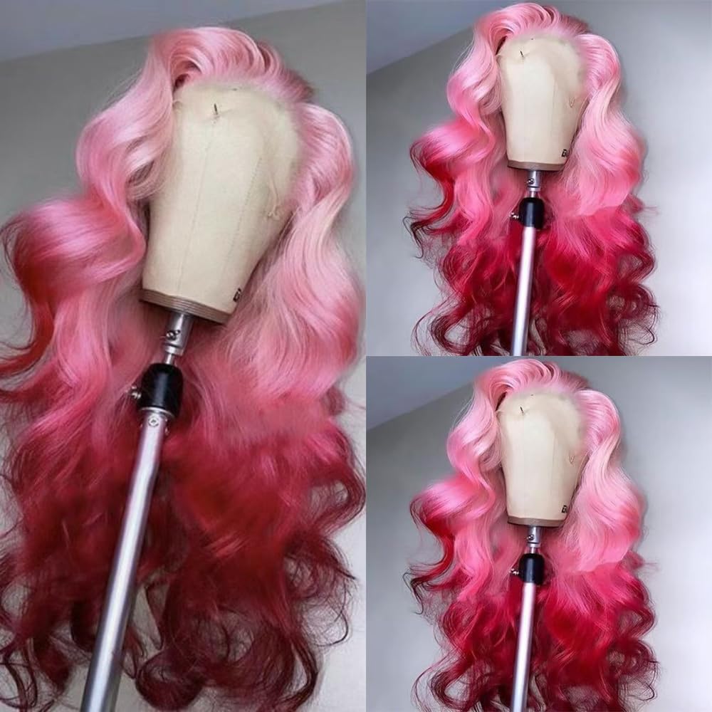 SISIFIRE Pink Highlight Lace Front Wigs for Women Pre-plucked Hairline Glueless 13X4 Inch Synthetic Lace Front Wig with Baby Hair Long Loose Body Wave Red Wigs for Daily Party Wig