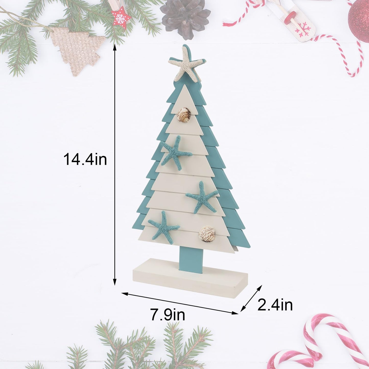 flangairy Coastal Christmas Tree, 14.4x7.9 Inchs Wooden Beach Themed Seashell Starfish Shell Small Christmas Tree Decorations, Indoor Beachy Ocean Xmas Holiday Table Mantle Shelf Home Decor