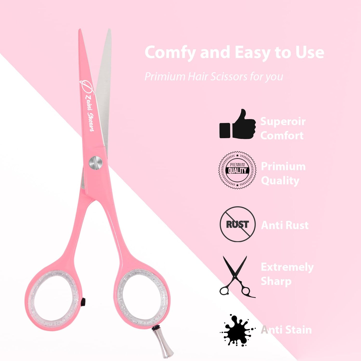 Zaini Shears Hair Cutting Scissors Extremely Sharp Right-Hand Razor Edge - 5.5” Overall Length,Made of 420c Japanese Stainless Steel Salon Scissors Professional Barber Haircut Scissors (pink, 5.5'')