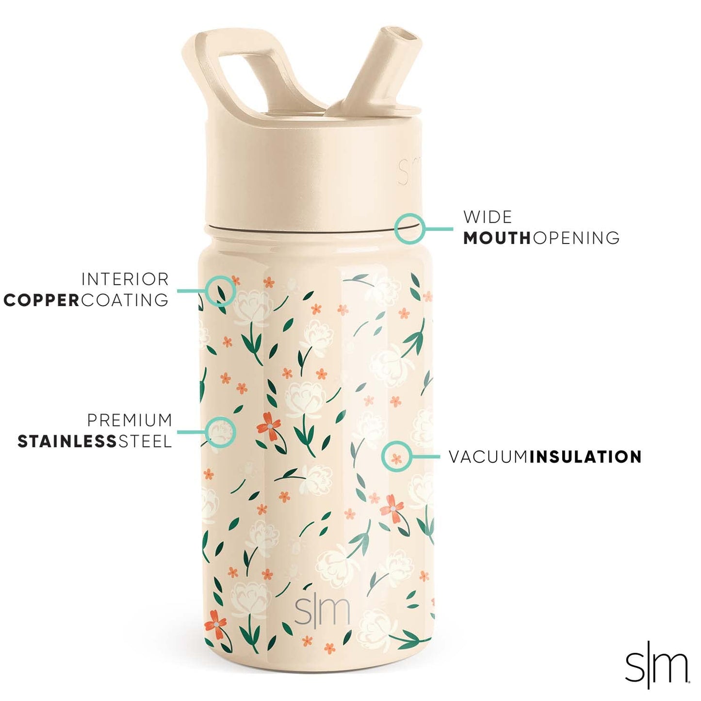 Simple Modern Kids Water Bottle with Straw Lid | Insulated Stainless Steel Reusable Tumbler for Toddlers, Girls | Summit Collection | 14oz, Chloe Floral