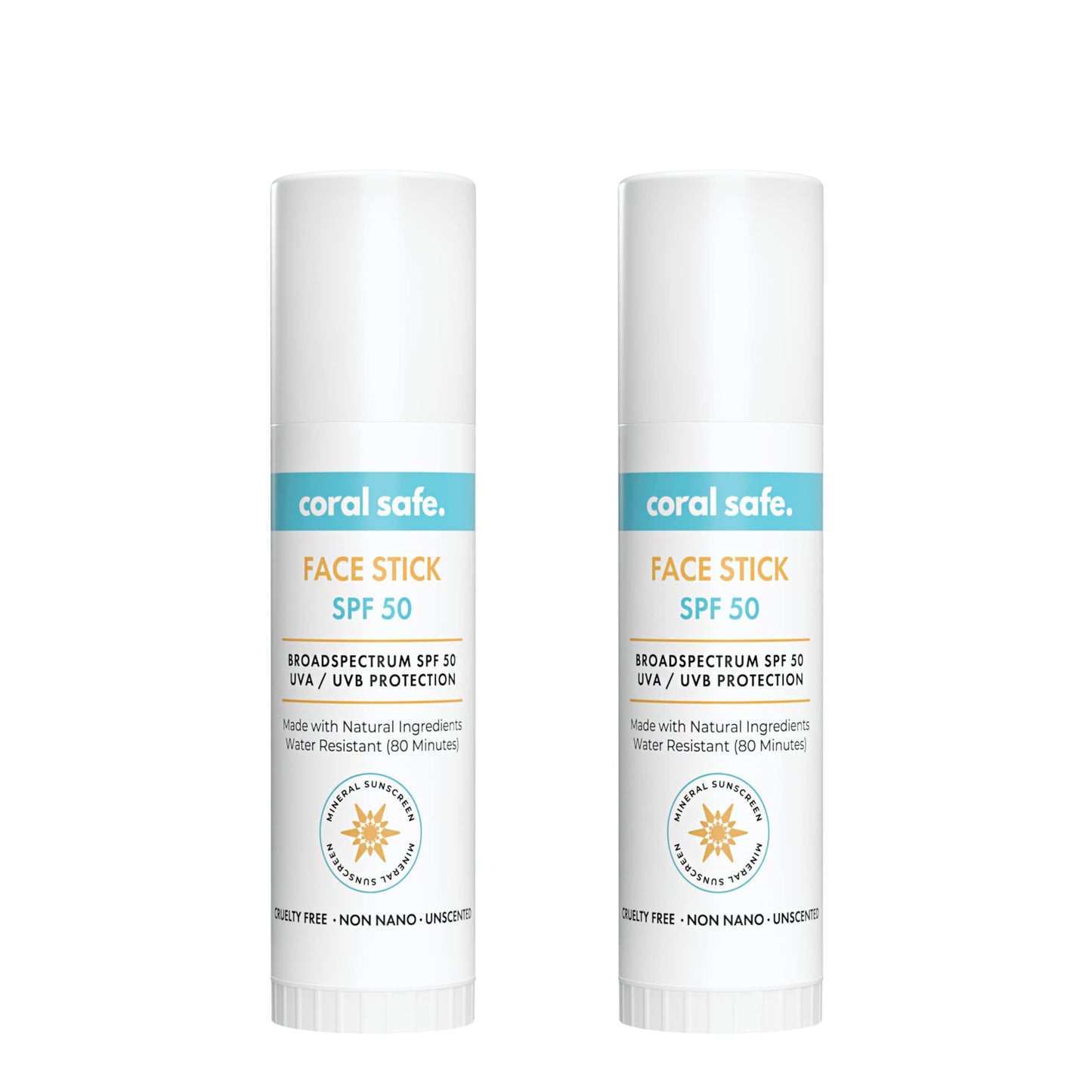 Reef Safe Sunscreen SPF 50 Mineral Face Stick 2 Pack, Hawaii & Mexico Approved, Biodegradable, Zinc, Vitamin E, Oxybenzone & Octinoxate Free, Water Resistant, Made in USA by Coral Safe