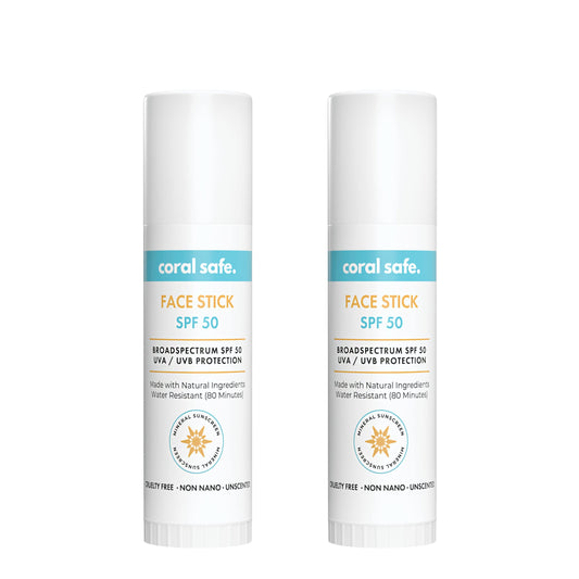 Reef Safe Sunscreen SPF 50 Mineral Face Stick 2 Pack, Hawaii & Mexico Approved, Biodegradable, Zinc, Vitamin E, Oxybenzone & Octinoxate Free, Water Resistant, Made in USA by Coral Safe