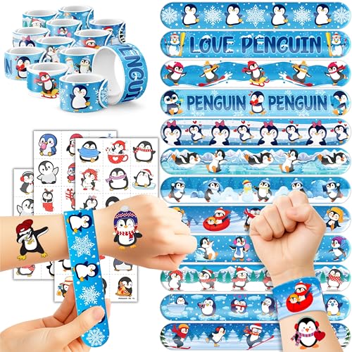 72PCS Penguin Party Favors | 48PCS Temporary Pre - cut Tattoos & 24PCS Slap Bracelets - Winter & Arctic-Themed Birthday Supplies, Baby Shower Gifts, Classroom Rewards & Party Decor for Kids