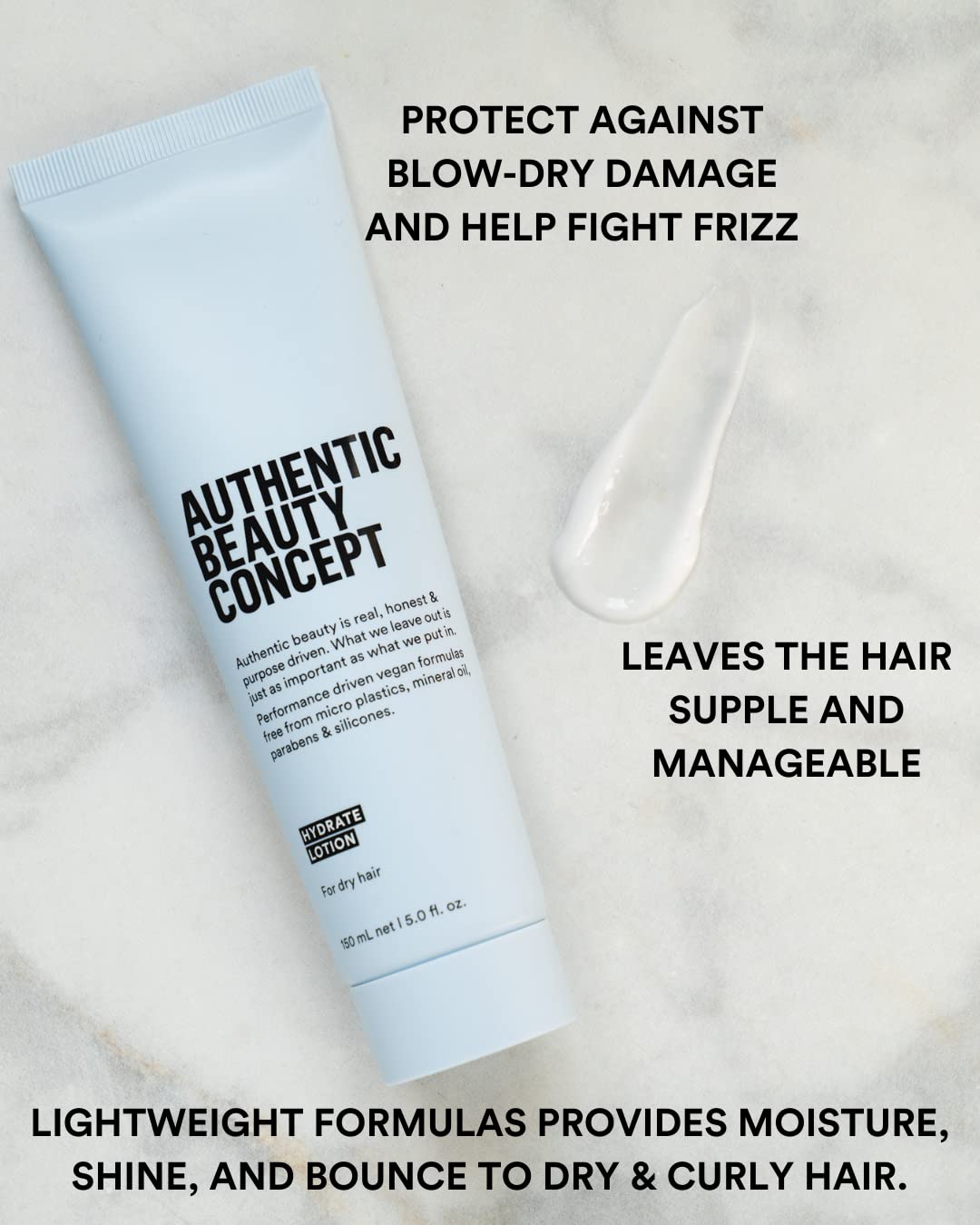 Authentic Beauty Concept Hydrate Lotion | Hydrating Hair Lotion | Leave-In Cream | Protects from Blow Dry Damage & Helps fight Frizz | Normal To Dry or Curly Hair | Vegan & Cruelty-free | 5 fl. oz