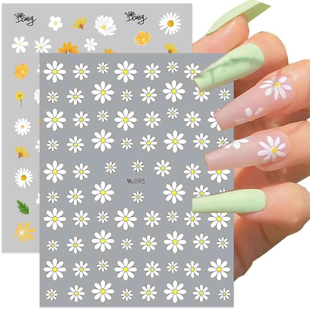 Flower Nail Art Stickers, Floral Daisy Nail Decals 3D Self-Adhesive Pink White Cute Daisy Small Flower Spring Summer Nail Design Manicure Tips Nail Decor Accessories for Women Girls(6Sheets)