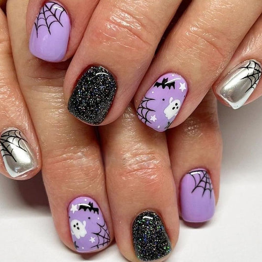 Halloween Purple Press on Nails Short Square Fake Nails with Black Glitter Design Halloween Glue on Nails Full Cover Halloween Nails Stick on Nails for Women Halloween Nail Art Decoration 24Pcs