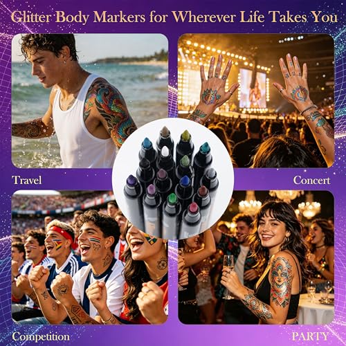Metallic Glitter Temporary Tattoo Markers 15-Pack