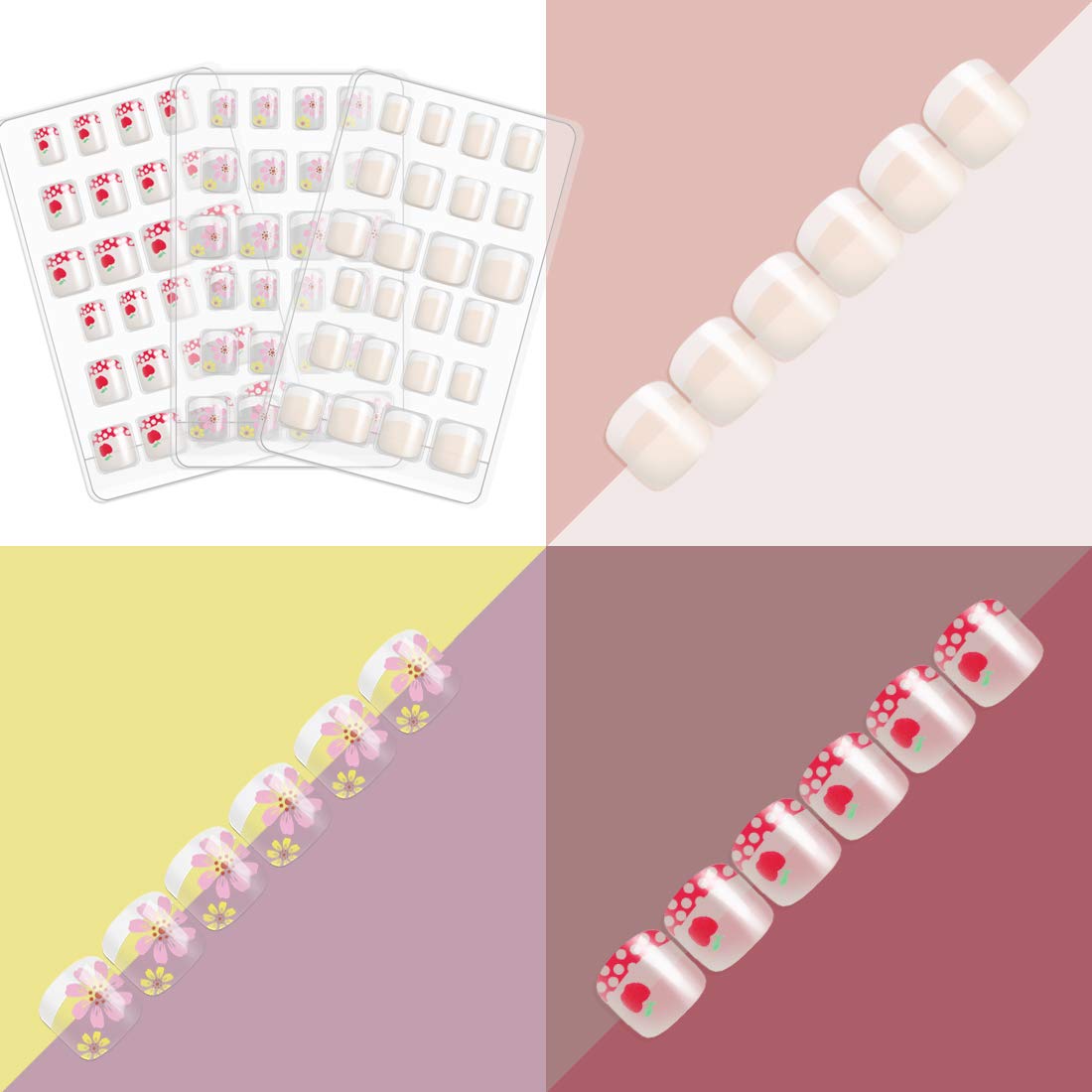 Allstarry 120pcs 5 pack French Children Nails Press on Pre-glue Full Cover Short French False Nail Kits Lovely Gift for Children Little Girls Nail Art Decoration (Flower Series)