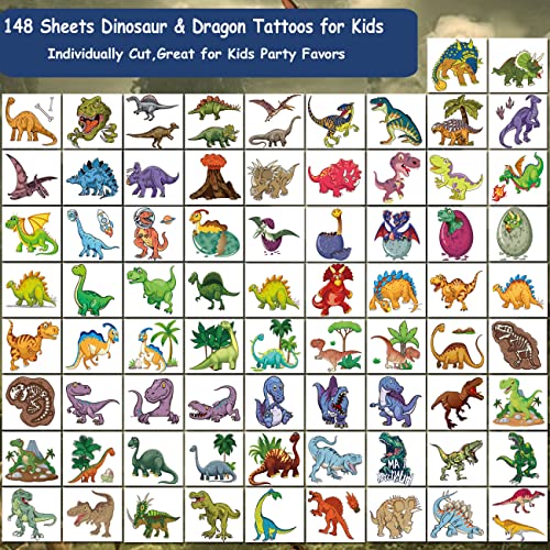 CHARLENT 148 PCS Dinosaur Temporary Tattoos for Kids