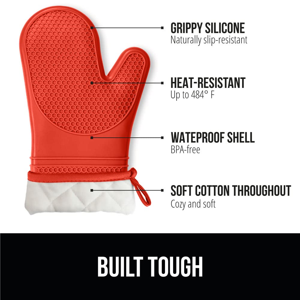 Gorilla Grip Heat and Slip Resistant Silicone Oven Mitts Set, Soft Cotton Lining, Waterproof, BPA-Free, Long Flexible Thick Gloves for Cooking, Kitchen Mitt Potholders, 12.5 in, Coral