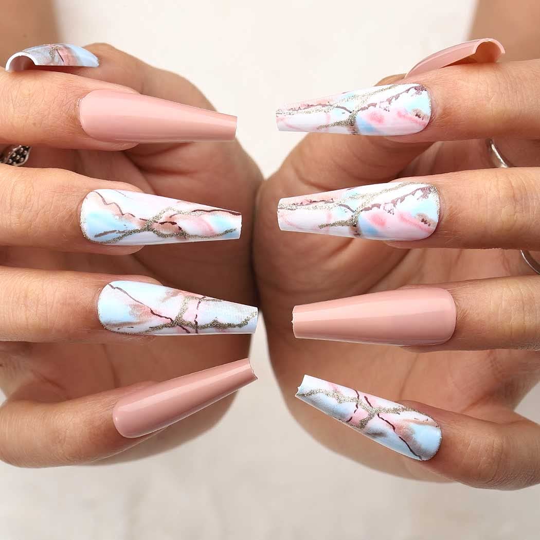 Outyua Marble Pattern Fake Nails Glossy Nude Coffin Extra Long Press on Nails with Designs Ballerina Acrylic False Nails Full Cover Nails 24pcs