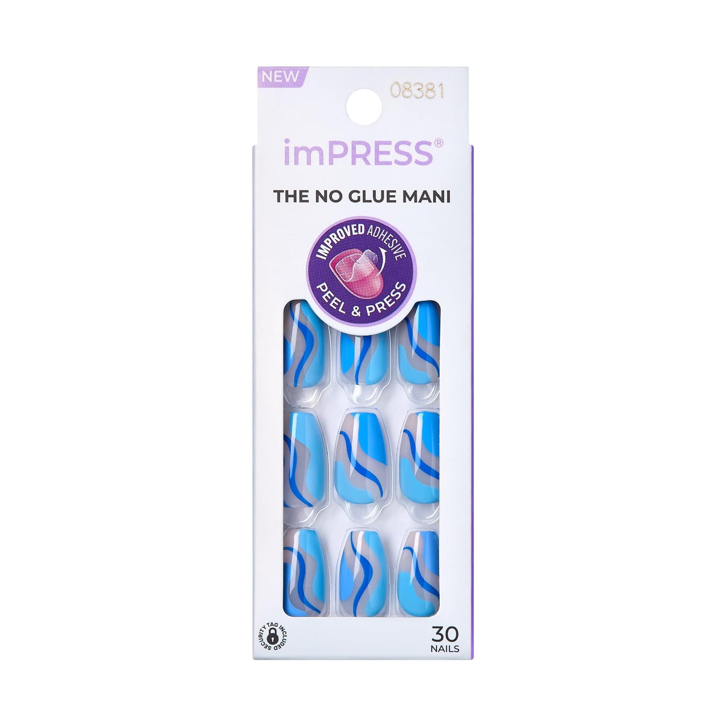 KISS imPRESS No Glue Mani 30 Pcs Press On Nails, Medium Coffin Design Nail, Dynamic Blue Print, Simple Peel & Press Easy Apply, Hassel-Free Removal, Essential Tools Included