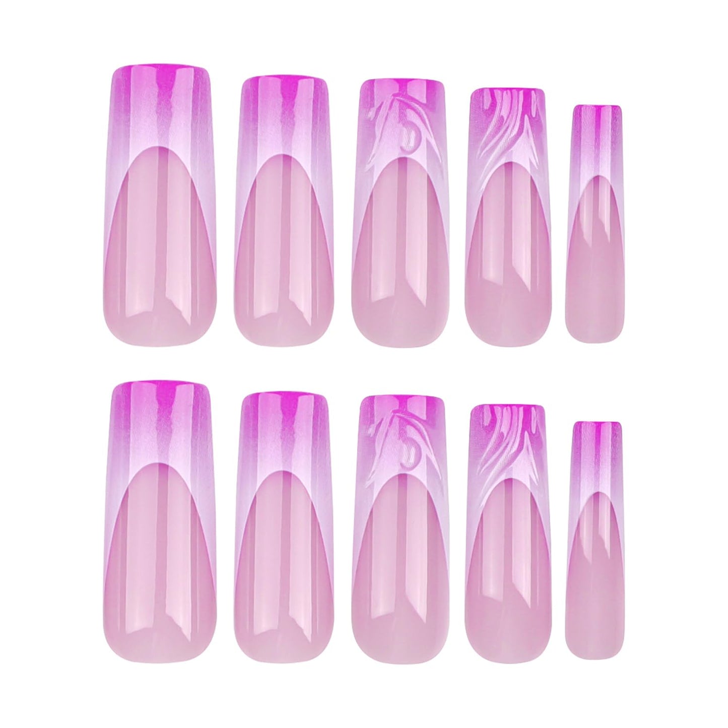 24 Pcs Long Coffin Press on Nails Nude Pink Fake Nails French Tip False Nails with Fink Purple Gradation Designs Fake Nail 3D Water Ripple Acrylic Nails Full Cover Glue on Nails for Women and Girls