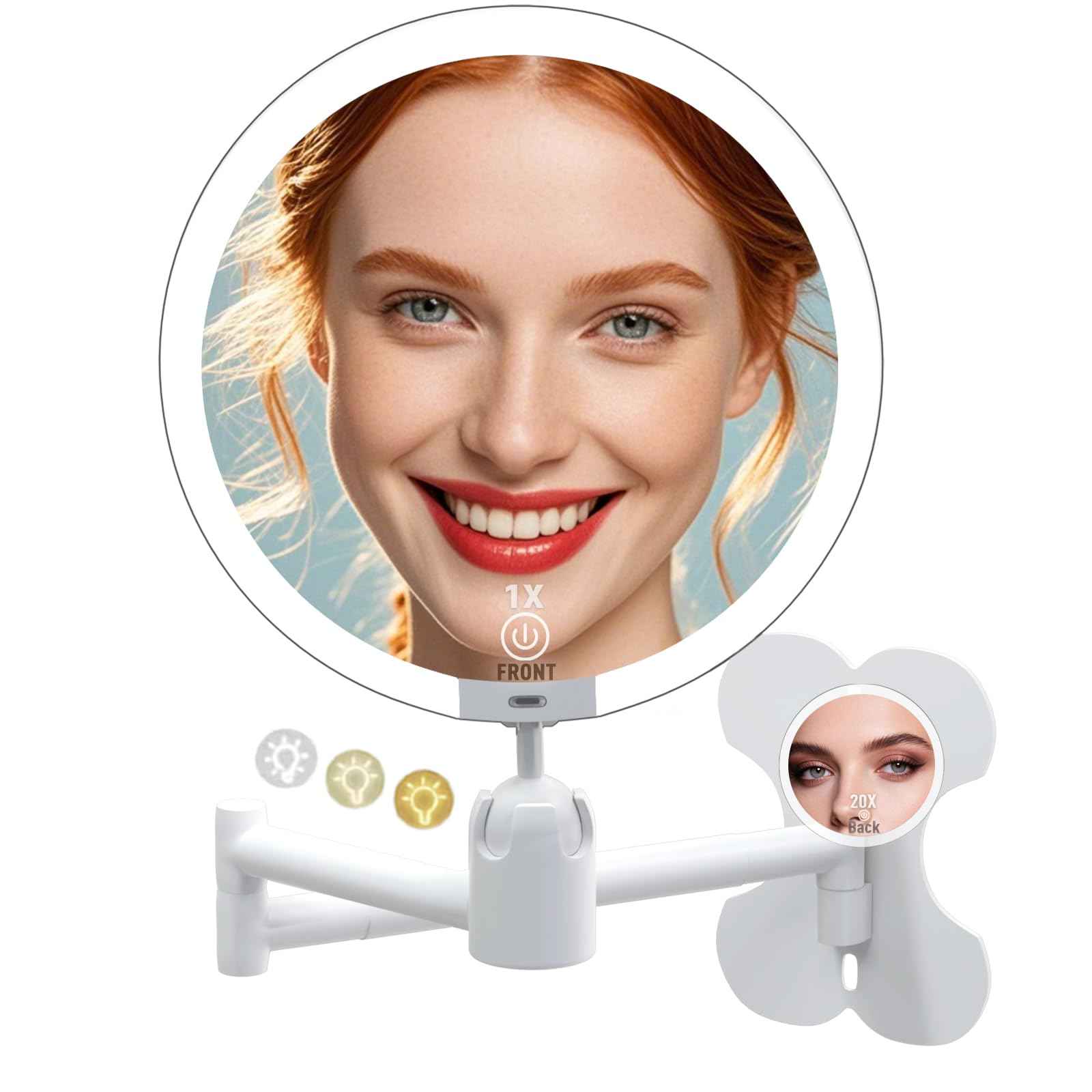 6" Led Wall Mounted Makeup Mirror Double Sided 1/20X, 1-Second Install Lightweight Compact Wall Mirror with Light, Rechargeable Extendable Magnifying Mirror for Bathroom, Wall Vanity Mirrors (1+20X)