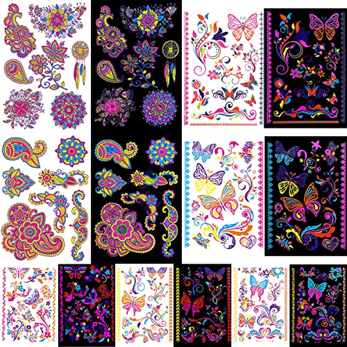 glaryyears 80+ Neon Temporary Tattoos, Glow UV Fake Charming Mandala Floral Butterfly Flowers Dreamcatcher designs, Women Girls Party Favor Supplies Night Pub 7 Sheets