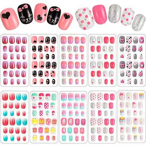 Maitys 240 Pcs Children False Nails Fall Thanksgiving Kids Girls Press on Short Artificial Fake Nails Pre Glue Full Cover Acrylic Nail Kit for Children Girl Nail Decoration, 10 Boxes(Pink Heart)