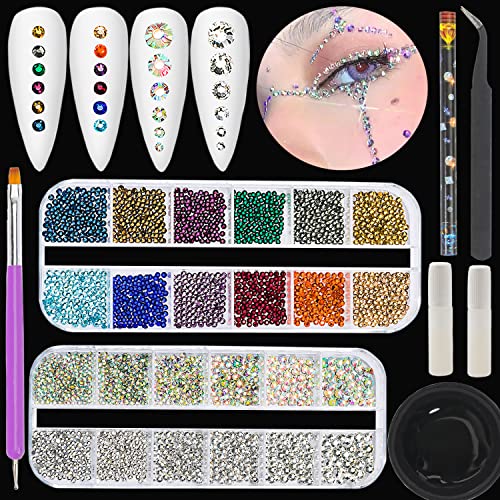 6Grids 3000Pcs Flatback Rhinestones, Champagne Color Nail Gems Crystals Jewels, Craft Glass Diamonds Stones Bling Rhinestone with Tweezers and Picking Pen for Nail Face Makeup(1.8mm~4mm Crystal)