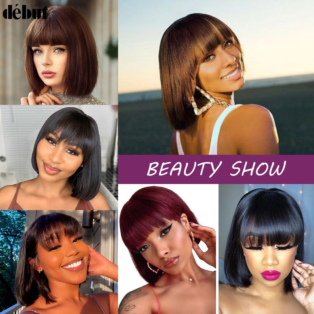 DÉBUT Short Bob Straight Wigs with Bangs Brazilian Human Virgin Hair Natural Black Non Lace Front Glueless Wig Brazilian Virgin Remy Hair 8 Inches