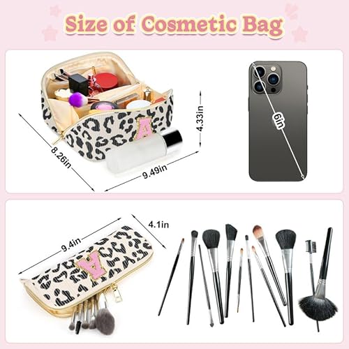 Personalized Travel Makeup Bag Set - Initial Graduation Gifts, Teacher Appreciation Gifts, Open-Flat Cosmetic Organizer with Brush Pockets, Travel Toiletry Bag for Women-Black Leopard T