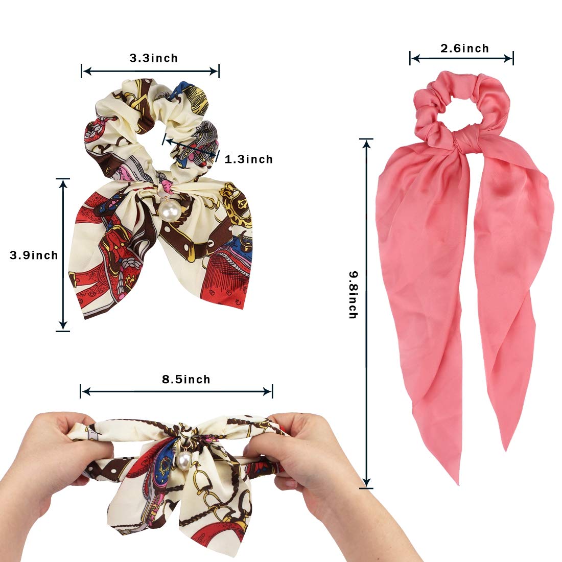 ANBALA Satin Ribbon Hair Scrunchies,10Pcs Bow Scarf Scrunchies, Thin Cold Scrunchies with Tail, Hair Ties Accessories for Girls Women Long Scrunchies Hair Scarves (5 Floral + 5 Solid Color Scrunchies)